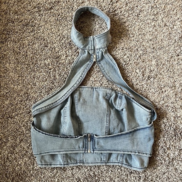Denim Corset Crop Top Size Small w/Zipper Halter Neck Light-Wash - Picture 5 of 10